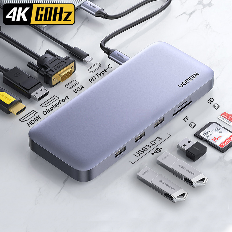 HUB USB Type-C 11 in 1 Ugreen 70305 HDMI/Displayport 4K@60Hz + VGA (Hỗ trợ  xuất hình đồng loạt)